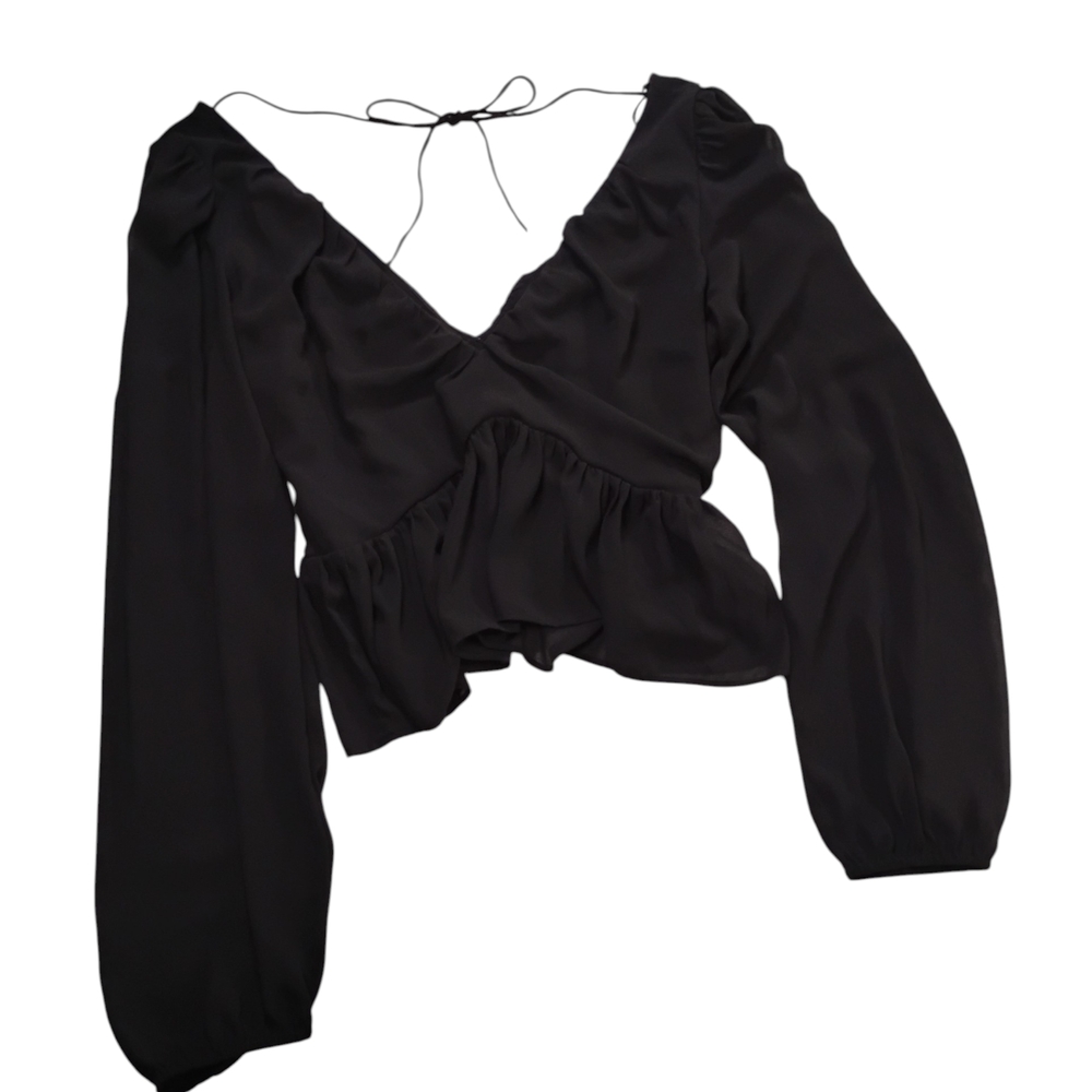 H&M Sheer Black Long-Sleeve V-Neck Peplum Blouse - Picture 4 of 7